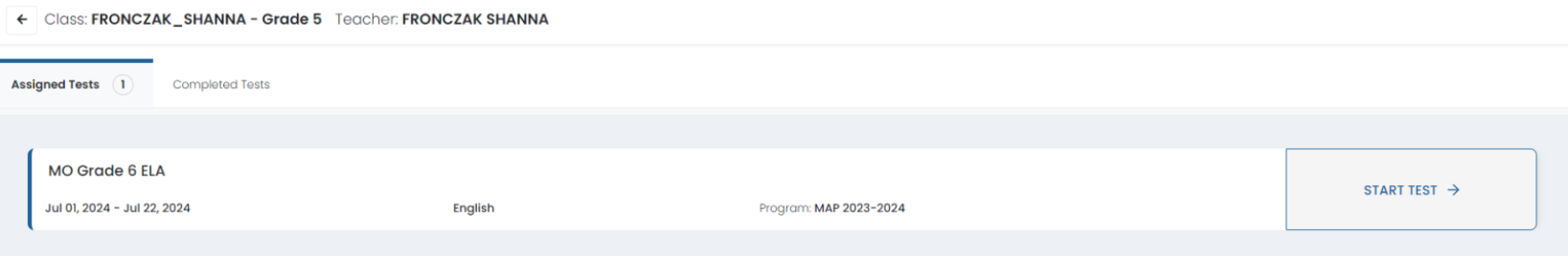 Assigned Tests page with Start Test option highlighted