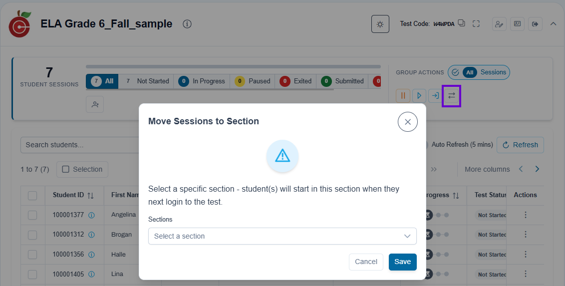 Move Sessions to Section dialog open, allowing selected student sessions to be assigned a specific test section.