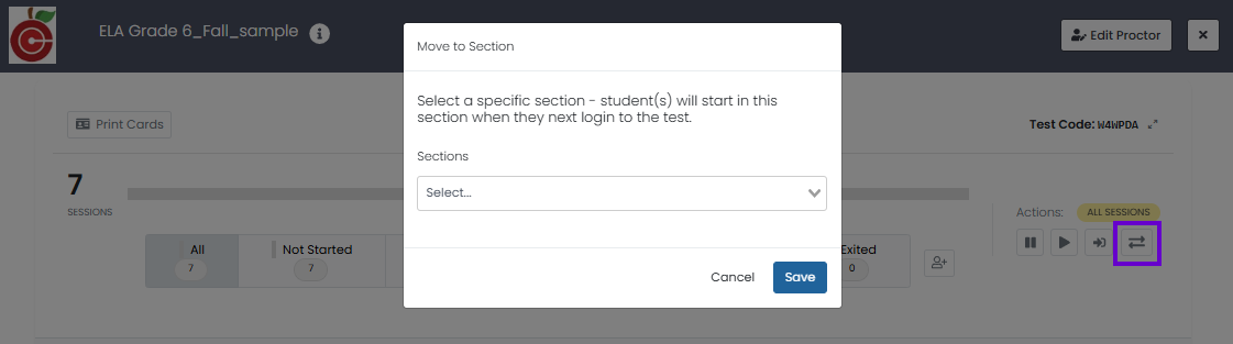 Move Sessions to Section dialog open, allowing selected student sessions to be assigned a specific test section.