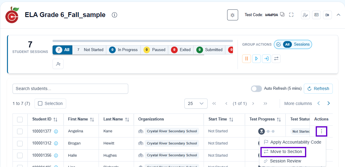 Student Actions menu open with Move to Section option available for assigning an individual student to a test section.
