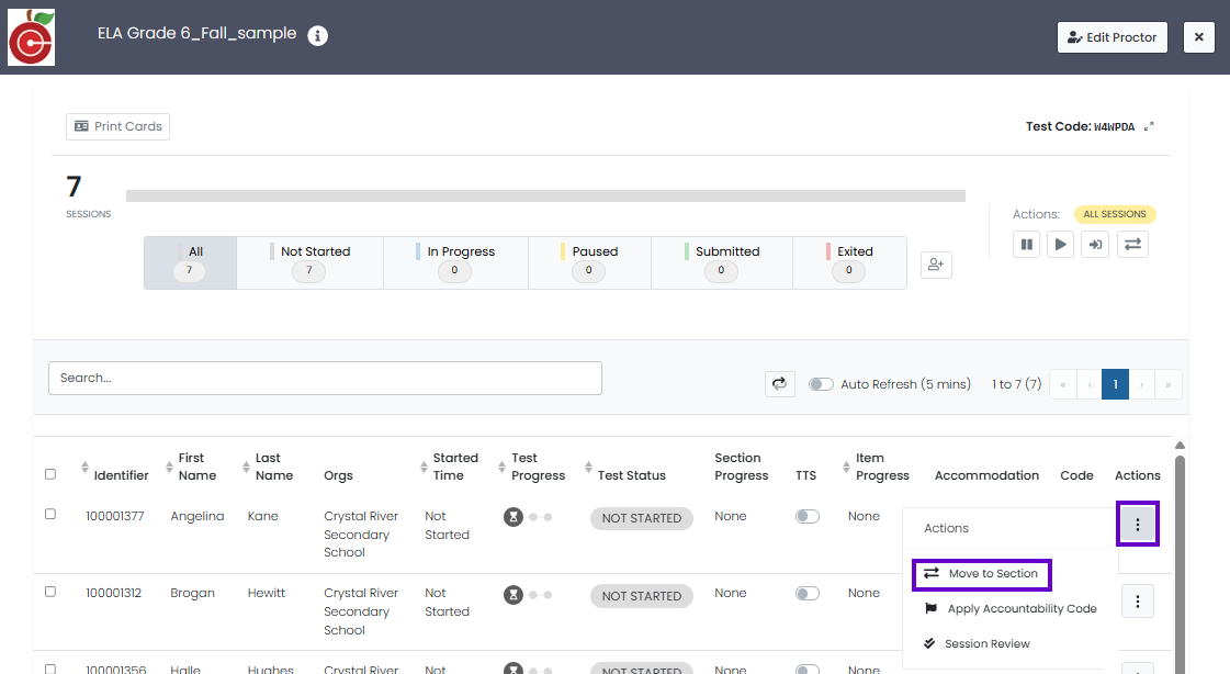 Student Actions menu open with Move to Section option available for assigning an individual student to a test section.