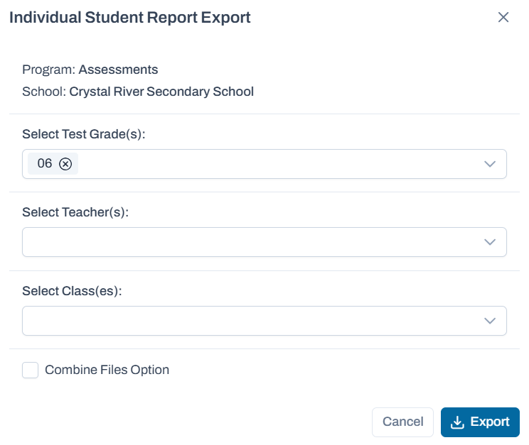 ISR export options popup.