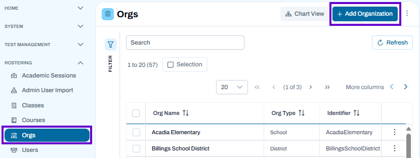 Organizations page with Organizations selected and Add Organization button highlighted for creating and managing organizational hierarchy.
