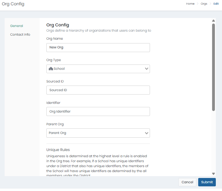 New Organization page with General settings selected, showing fields to configure organization details and hierarchy before saving.