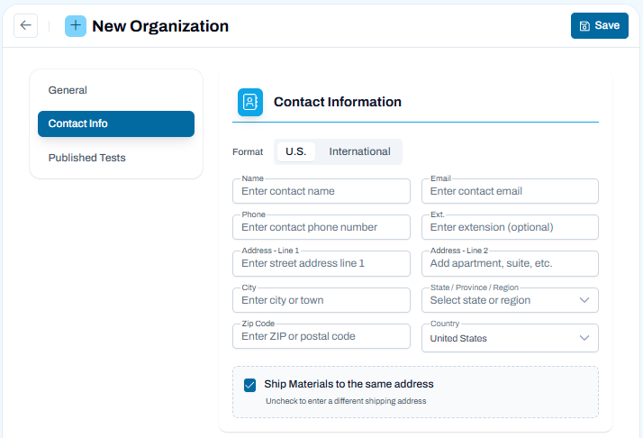 New Organization page with Contact Info selected, showing fields for contact details, address, and shipping information.