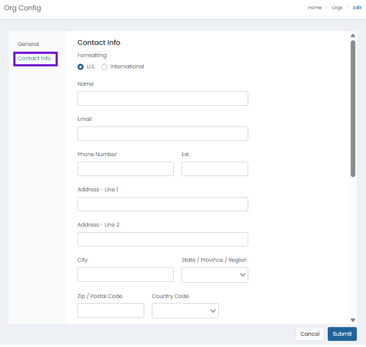 New Organization page with Contact Info selected, showing fields for contact details, address, and shipping information.