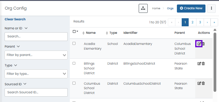 Organizations page with Edit menu open for a selected organization, showing options to modify or delete the organization.