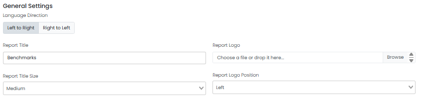 General Settings section expanded with left-to-right selected, report title entered, and options for title size, logo upload, and logo position.