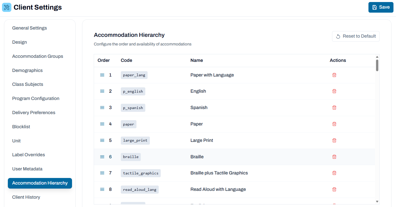 Accommodation hierarchy on client settings page.