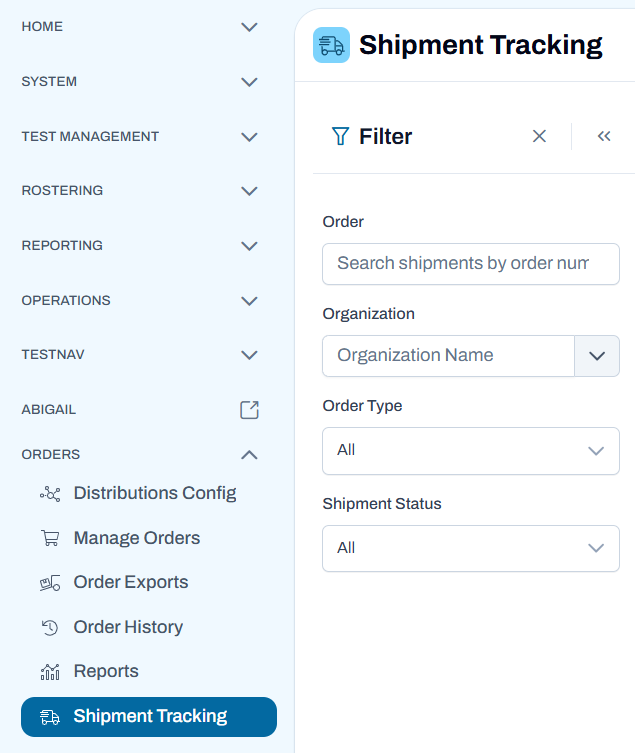 Shipment tracking screen showing filter options.
