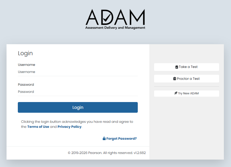 ADAM login page with username and password fields, Login button, and options to take or proctor a test.