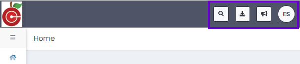 Header toolbar with theme settings, search, downloads, notifications, and language selection available from any page.